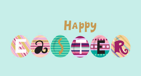 Happy Easter cocept. Holiday greeting banner, card, poster with colorful easter eggs, spring flowers, lettering. Cute spring background, banner design in flat cartoon style. Vector.のイラスト素材