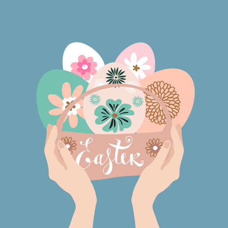 Happy Easter festive web banner illustration of colorful easter eggs, spring flowers, lettering. For decorated easter card, banner, covers, posters. Folk style patterned design. Vectorのイラスト素材