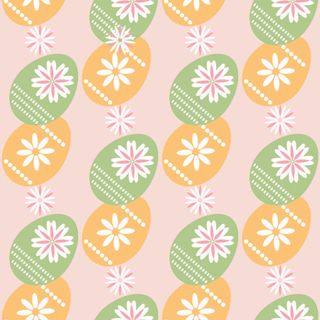 Happy Easter. Beautiful festive seamless pattern with easter eggs, spring meadow flowers. Cute spring floral background, paper, textile, covers, banner. Vector illustration.のイラスト素材