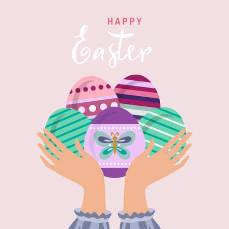 Happy Easter greeting card, web banner with girl, pets and hands holding the egg and hand drawn lettering. Easter egg hunt. Vector cute illustration in cartoon style.のイラスト素材