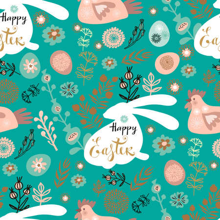 Easter Beautiful festive seamless pattern with easter eggs, cute bunny, funny rabbit, spring meadow flowers. Cute spring floral background, paper, textile, covers, banner Vectorのイラスト素材