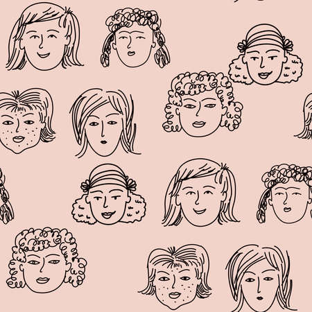 Hand drawn human faces doodle seamless pattern in cartoon style. Funny characters. Women, girl,...