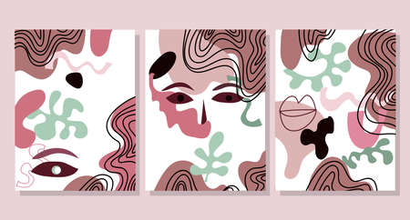 Creative hard paint cover design backgrounds. Abstract set with Woman face, silhouette, floral elements. Trendy graphic design for banner, social media, poster, cover, invitation, brochure, mobile apps. Vector art illustration.のイラスト素材