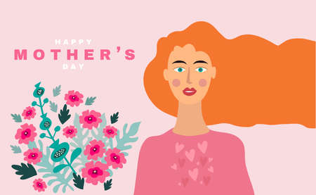 Happy Mother's Day. Beautiful women, the best mom with flower wreath. Can be used as Mothers day card or poster. Vector cartoon illustration.のイラスト素材