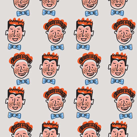 Fathers Day comic seamless pattern in cartoon style. Hand drawn human faces doodle set. Vector funny family illustration.のイラスト素材