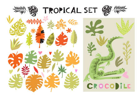 Beautiful big set with tropical animals and plants, exotic flowers. Cute vector elements in flat cartoon style. For your design, posters, textile, business products. Vector illustration.のイラスト素材