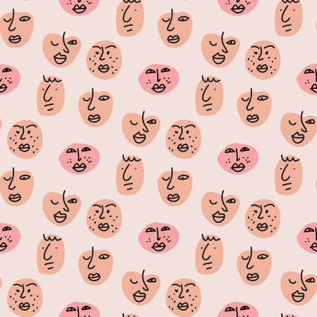 Hand drawn human faces doodle art seamless pattern in cartoon style. Trendy pencil drawing sketches of young old men women boys girls facial expressions. Vector modern illustration.のイラスト素材