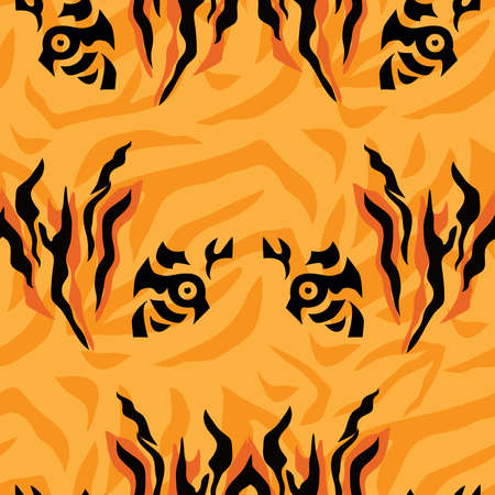 Tiger beautiful seamless pattern in different colors in cartoon flat style. Modern fashion print skin design for textile, fabric, wallpaper. Safari style. Vector illustrationのイラスト素材