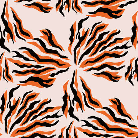 Tiger beautiful seamless pattern in different colors in cartoon flat style. Modern fashion print skin design for textile, fabric, wallpaper. Safari style. Vector illustrationのイラスト素材