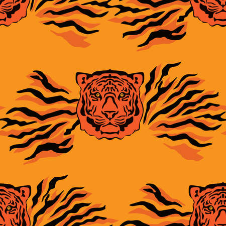 Tiger beautiful seamless pattern in different colors in cartoon flat style. Modern fashion print skin design for textile, fabric, wallpaper. Safari style. Vector illustrationのイラスト素材