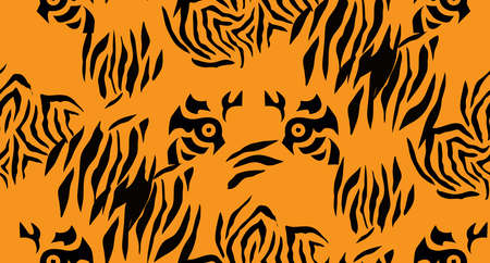 Tiger beautiful seamless pattern in different colors in cartoon flat style. Modern fashion print...