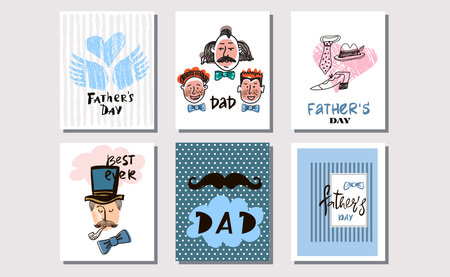 Happy Father's day. Collection unique greeting cards in cartoon style. Label, tags, card, posters, banners, sale advertising, flyer. Vector illustration.のイラスト素材