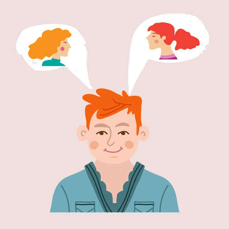 Man and woman. Psychology of relationships. Men and women dream of a partner. Love and jealousy. Vector cartoon flat illustration.のイラスト素材