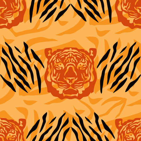 Tiger beautiful seamless pattern in different colors in cartoon flat style. Modern fashion print skin design for textile, fabric, Safari style. Vectorのイラスト素材