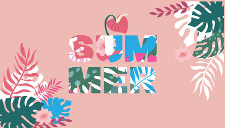 Summer concept design with pretty women, palm trees, tropical leaves and flowers. Exotic modern...