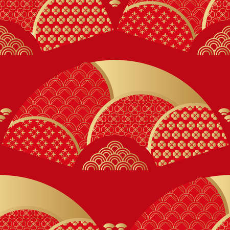 Beautiful chinese, japanese seamless pattern with fans, clouds, waves. Red and gold.のイラスト素材