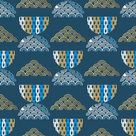 Beautiful japanese seamless pattern with ocean, sea waves, clouds, sakura flowers. Vector oriental fashion seamless asian texture.のイラスト素材