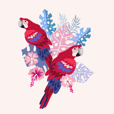 Beautiful exotic tropical parrot bird with tropical flowers, colorful exotic leaves, plants Vector illustrationのイラスト素材