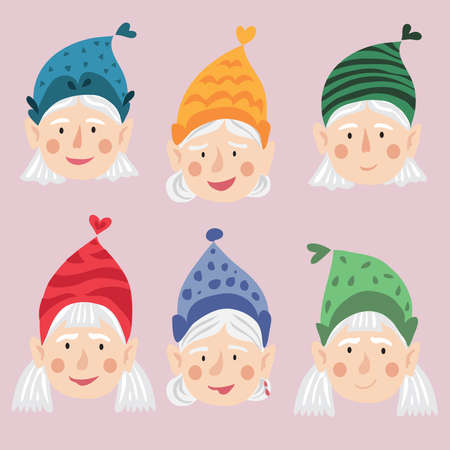 Gnome characters. Girls, mens, womens gnomes. Cute dwarf characters avatar, happy, funny and angry gnome faces in cartoon style. Vectorのイラスト素材