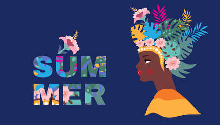 Summer concept design with pretty women, palm trees, tropical leaves and flowers. Exotic modern design for web banner, web site, Vector illustrationのイラスト素材