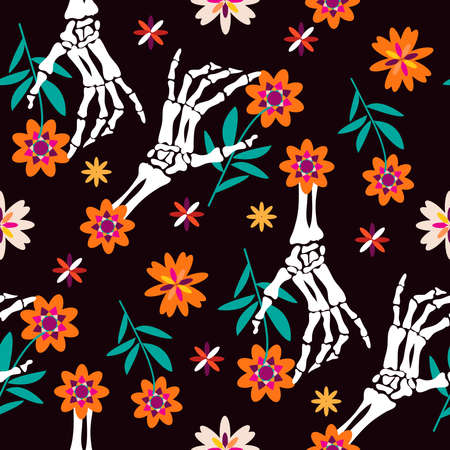 Mexican seamless pattern - sugar skulls and colorful flowers Dia de Los Muertos, Day of the Dead. Halloween.Vector illustration.のイラスト素材