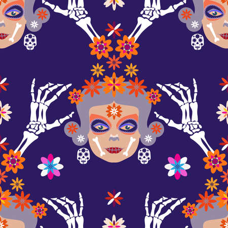 Day of the Dead, Dia de los Muertos, Catrina la Calaver, Sugar tatoo skulls, maracas, guitar, sombrero and marigold flowers, seamless pattern Vector illustration.のイラスト素材