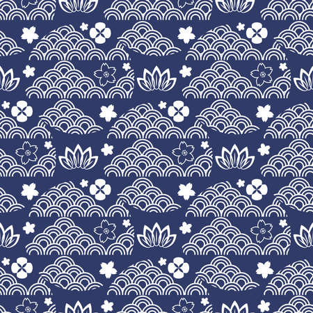 Beautiful japanese seamless pattern with clouds, waves. Japanese, chinese elements. Vector seamless...