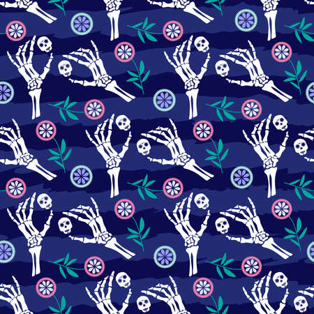 Mexican seamless pattern - sugar skulls and colorful flowers Dia de Los Muertos, Day of the Dead. Halloween.Vector illustration.のイラスト素材