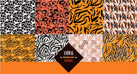Set of the skin abstract african seamless patterns n cartoon flat style. Zebra; jaguar; leopard; tiger; giraffe, cow. Vector illustrationのイラスト素材