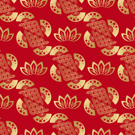 Beautiful japanese seamless pattern with clouds, fans, sakura flowers, waves. Red and gold. Vector seamless asian texture. For printing on packaging, textiles, wallpapers.のイラスト素材