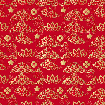 Beautiful japanese seamless pattern with clouds, fans, sakura flowers, waves. Red and gold. Vector...
