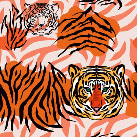 Tiger beautiful seamless pattern in different colors in cartoon realistic flat style. Safari art style. Vector illustrationのイラスト素材