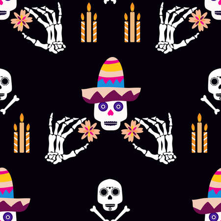 Mexican seamless pattern, sugar skulls and flowers Dia de Los Muertos, Day of the Dead. Halloween. Vector illustration.のイラスト素材