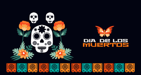 Day of the Dead, Dia de los Muertos mexican Halloween tradition festival web-banner, poster with Calavea la Catrina, sugar skulls, garland paper cutting flags,のイラスト素材