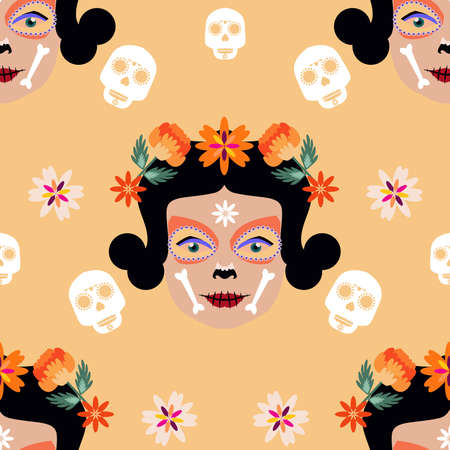 Day of the Dead, Dia de los Muertos mexican Halloween seamless pattern with Calavera la Catrina, sugar skulls, and marigold flowers. Vector illustration.のイラスト素材