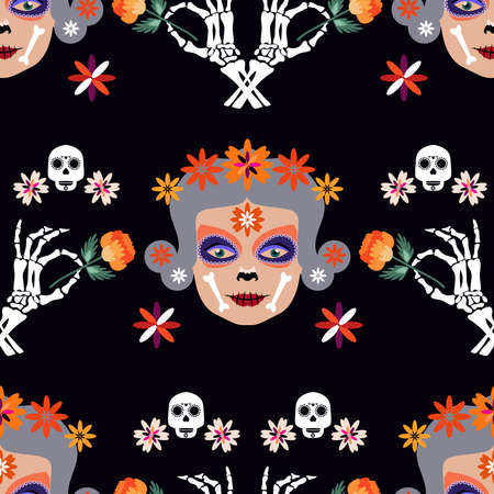 Day of the Dead, Dia de los Muertos mexican Halloween seamless pattern with Calavera la Catrina, sugar skulls, and marigold flowers. Vector illustration.のイラスト素材
