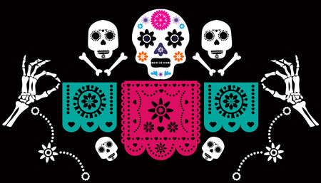 Dia de Los Muertos, Day of the Dead or Mexican Halloween greeting card, banner. Sugar skulls and marigold flowers, Catrina Calavera traditional mexico skeleton decoration Vector illustration.のイラスト素材