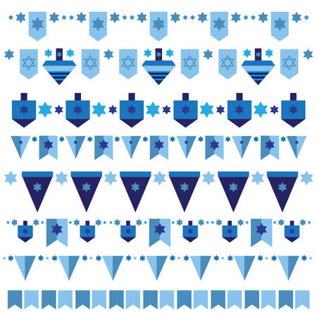 Religion israel icons set in flat cartoon stylefor Jewish holiday. Garland collection of design elements with David star, candle, flags, menorah, sufganiyot, bunting, dreidel, coins, oil. Vector illustrationのイラスト素材