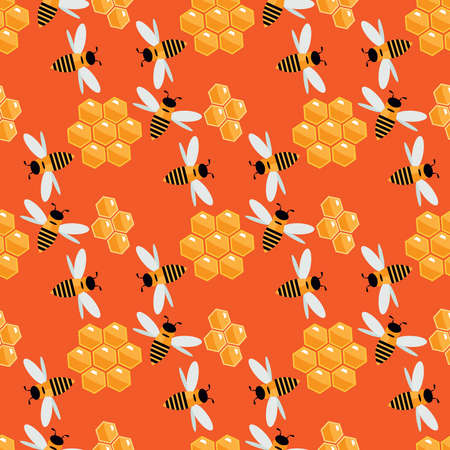 Summer flat cartoon seamless pattern with honeyed and bees. Creative kids texture for fabric, wrapping, textile, wallpaper, apparel. Vector illustration.のイラスト素材