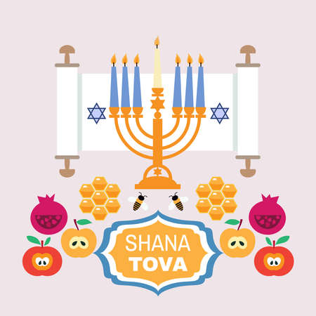 Happy Rosh hashanah, (Jewish New Year), Shana Tova in Hebrew holiday banner design. Menorah, apple, honey, pomegranate, David star, vine, grapes. Vector illustration.のイラスト素材