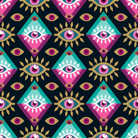Awesome seamless pattern with esoteric eye different shapes, Magic, witchcraft, occult symbol, colorful line art. Tenplate design fabric, paper, textile. Vector Modern mythic graphic background illustration.のイラスト素材