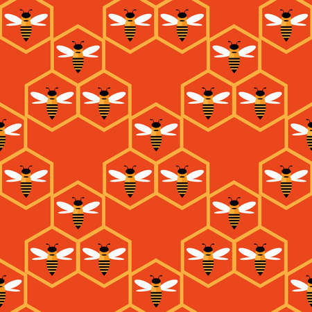 Summer flat cartoon seamless pattern with honecomb, honey hive and bees. Creative kids texture for fabric, wrapping, textile, wallpaper, apparel. Vector illustration.のイラスト素材