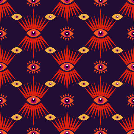 Awesome seamless pattern with esoteric eye different shapes, Magic, witchcraft, occult symbol, colorful line art. Tenplate design fabric, paper, textile. Vector Modern mythic graphic background illustration.のイラスト素材