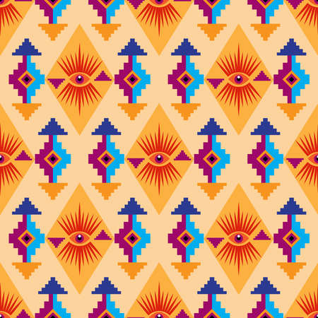 Fantasy abstract geometric seamless pattern with esoteric eye different shapes, Magic, witchcraft, occult symbol, Aztec, mmmayan, mexican Tenplate design fabric, paper, textile. Vector Modern mythic graphic background illustration.のイラスト素材