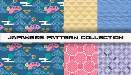 Beautiful japanese seamless pattern set with fans, clouds, waves, bonsai, sakura flower Vector seamless asian retro texture. For printing on packaging, textiles, paper, fabric, manufacturing, wallpaperのイラスト素材