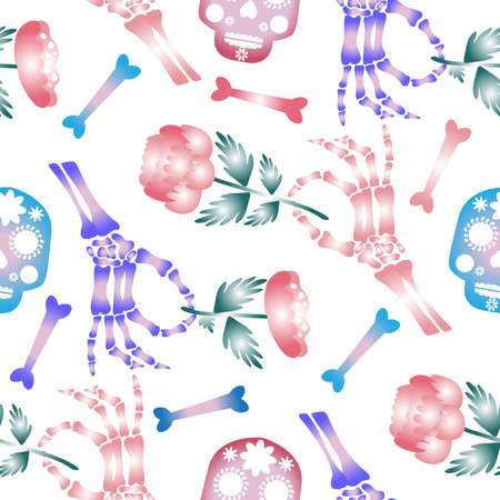 Happy Halloween neon skull seamless pattern with flowers and hand skeleton. Festive template background for textile, web, paper, wallpaper. Vector illustrationのイラスト素材