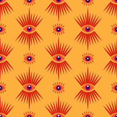Awesome seamless pattern with esoteric eye different shapes, Magic, witchcraft, occult symbol, colorful line art. Tenplate design fabric, paper, textile. Vector Modern mythic graphic background illustration.のイラスト素材