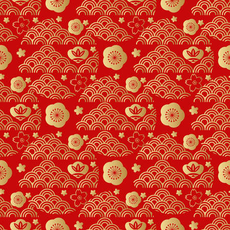 Beautiful japanese seamless pattern with clouds, waves. Japanese, chinese elements. Vector seamless asian texture. For printing on packaging, textiles, paper, fabric, manufacturing, wallpapers.のイラスト素材