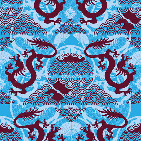 Japanese, Chinese seamless pattern with Dragon, fan, sakura, clouds, bonsai, sea vawes. Abstract texture, textile, kimono origami paper. Background for your design. Vector illustration.のイラスト素材