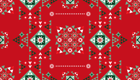 Merry Christmas Happy New Year seamless pattern Holiday winter nordic background Vintage scandinavian deer, tree, ball, snowflake, geometric shapes. Vector flat illustrationのイラスト素材